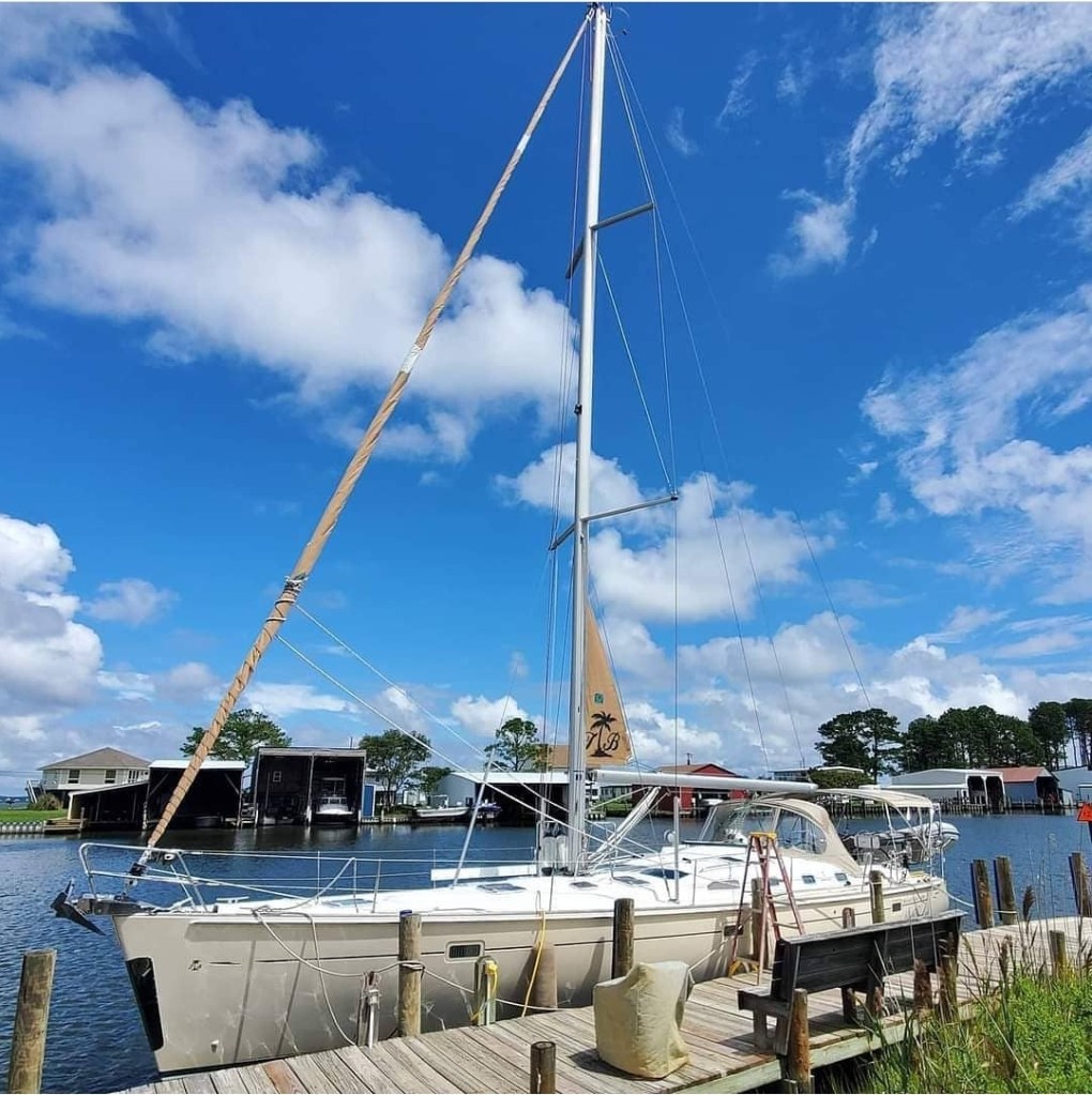 Mystic Hearts, our Beneteau 473 sailboat at the dock in Deltaville, Virginia after her sea trial.