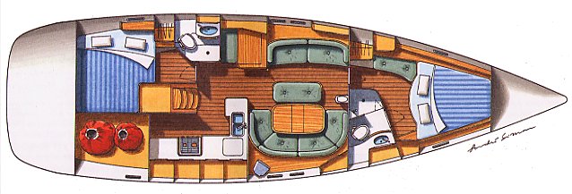 The layout of our 2 cabin Beneteau 473 sailboat.