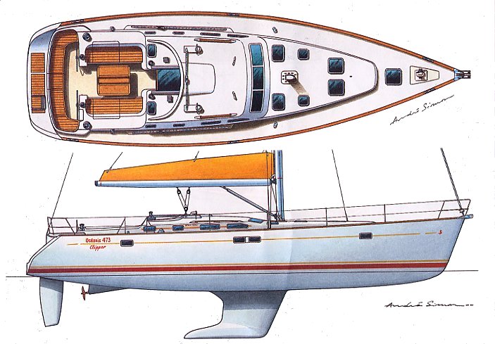 The exterior of the Beneteau 473 sailboat.